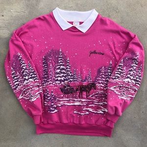 Vtg 1991 Yellowstone Carriage Ride All-Over Print AOP Pink Sweater - One Size